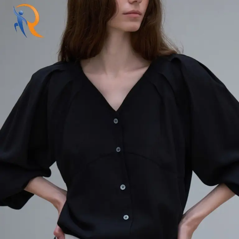 V-neck puff sleeve shirt black 1