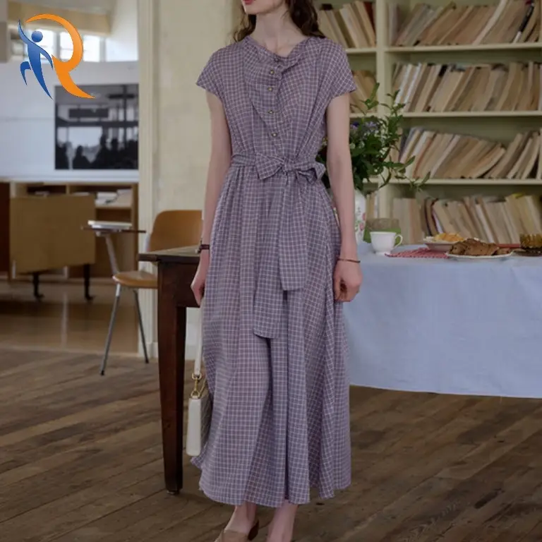 Check swing neck tencel dress 1