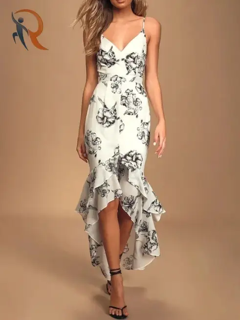 فستان بحزام خلفي مطبوع عليه زهور وخصر مرتفع باللونين الأسود والأبيض 1