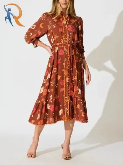 Midi Shirt Dress in Multi Brown Summer Print 1