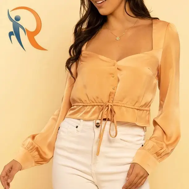 PEACH SATIN SWEETHEART CROPPED LONG SLEEVE BLOUSE 1
