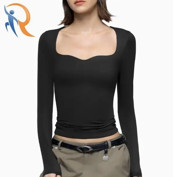 New Women's Square-Neck T-Shirt, Autumn Solid Color Long-Sleeved Short Top, European and American Style Sexy Belted Knitwear 1