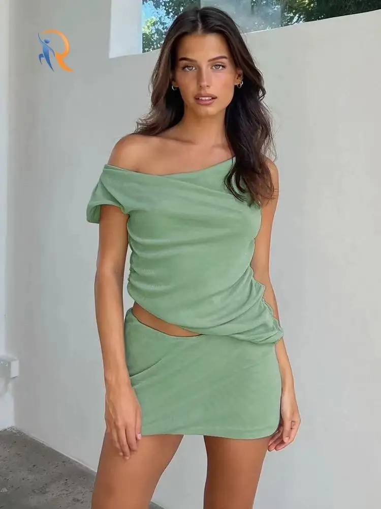 Irregular Asymmetrical Shoulder Pleated Dress Set 1