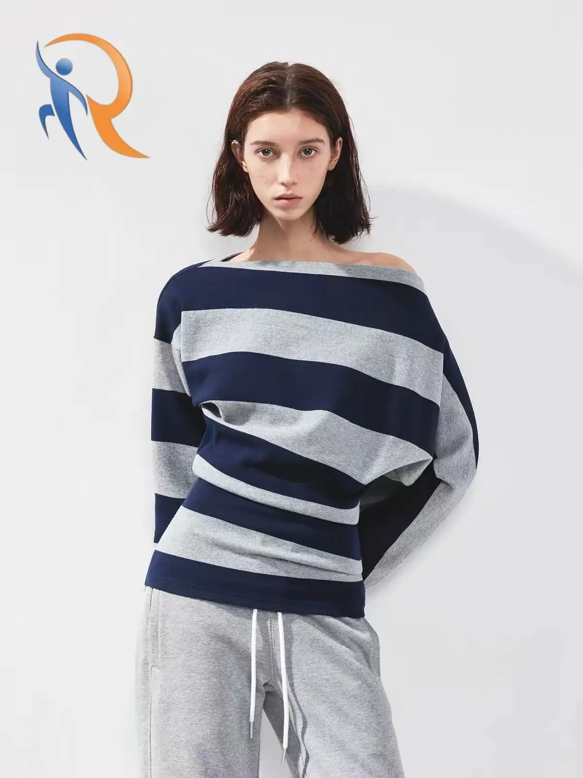 Blue-and-white striped asymmetric off-shoulder waist-cinching long-sleeve top 1