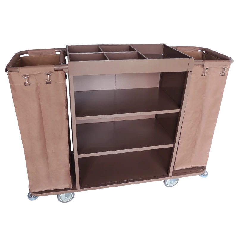 KJ-F005 Hotel Room Cleaning Trolley Brown Metal Housekeeping Maid Cart Made of Steel and Iron Service Cart Tool Cart 1