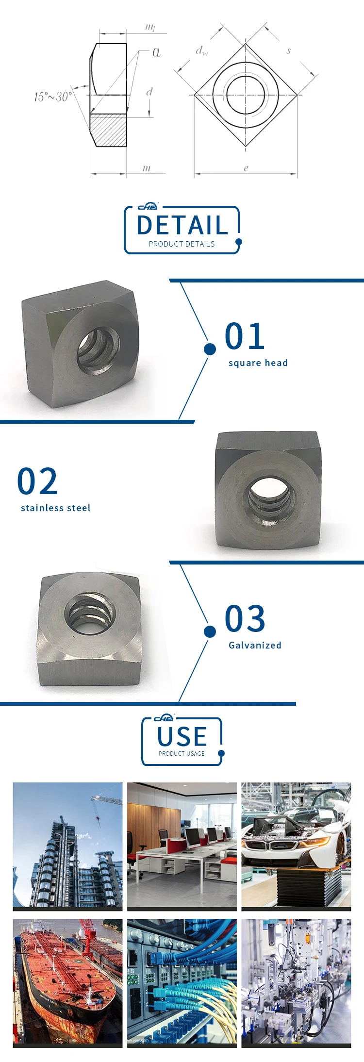 High Quality Custom Stainless Steel M2 M3 Square Weld Nut Square Threaded Insert 8