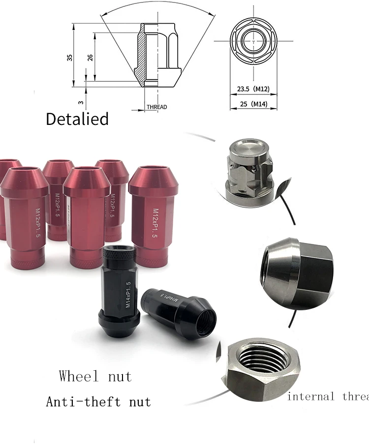 Chine vente en gros de voiture personnalisée à pointes bleu rouge noir violet M12x1.5x52 écrou de roue 5