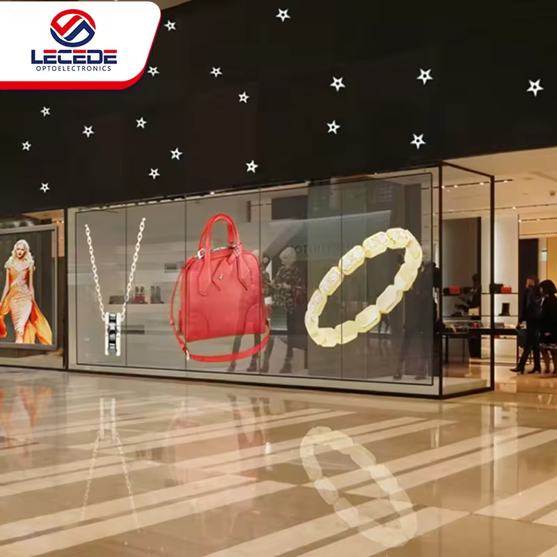 Fácil instalación 3d película LED transparente 4S tienda compras ventana de vidrio módulo de rejilla pantalla publicitaria 2