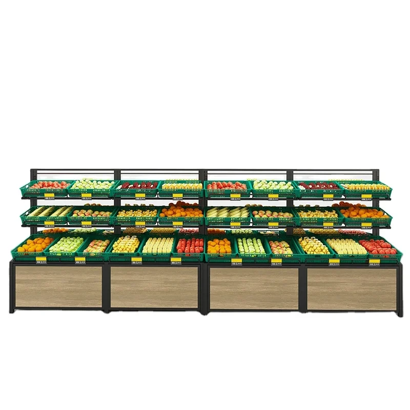 Supermarket nga Prutas Ug Utanon nga Display Rack Steel Wood Grocery Store Rack 1