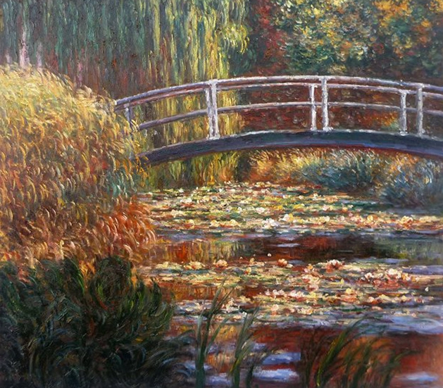 Hochwertige handgefertigte Monet-Reproduktion „Die japanische Brücke“ (Der Seerosenteich, Symphonie in Rose) auf Leinwand zu verkaufen 1