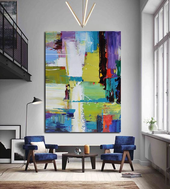 Hoge kwaliteit creatieve grote moderne abstracte blauwgroene muurkunst acryl canvas schilderij voor slaapkamer 1