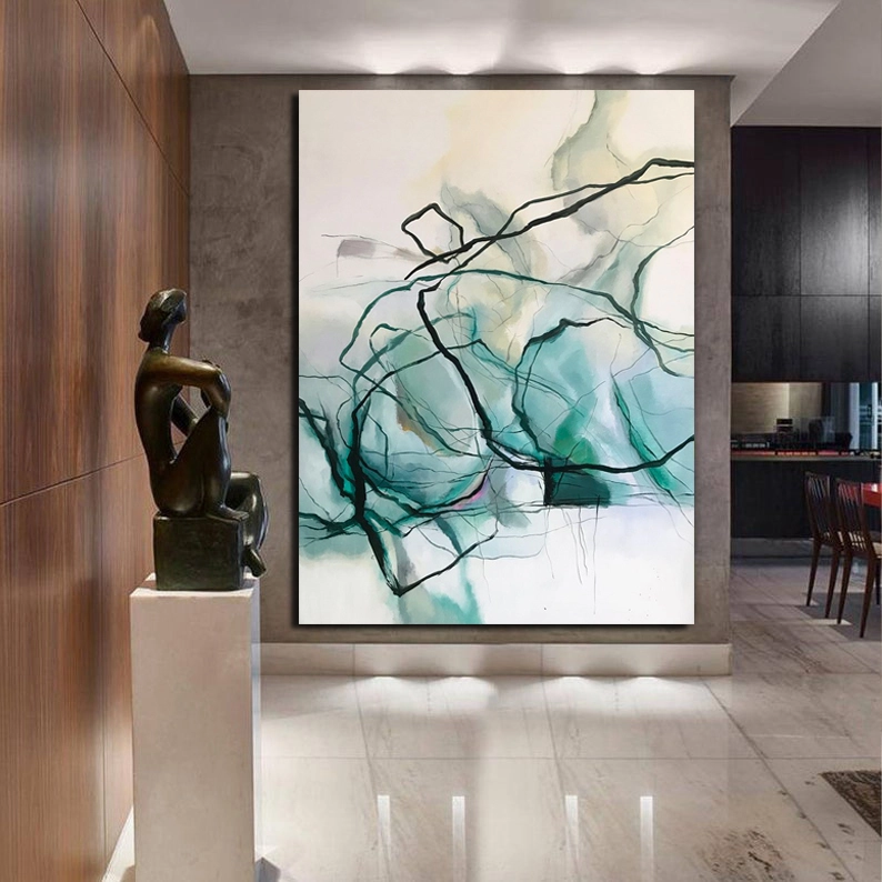 Arte de parede verde artesanal, colorida, mais recente, pintura abstrata, fundo, tela grande, pintura de arte de parede para decoração de parede, decoração de casa 1