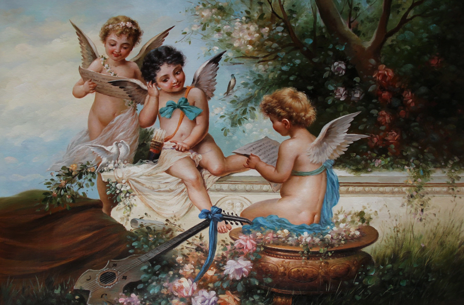 Handgefertigte Kunstgemälde des talentierten Künstlers – Blumenengel und Gitarre – romantische Kinderblumen von Hans Zatzka – Ölgemälde auf Leinwand 1