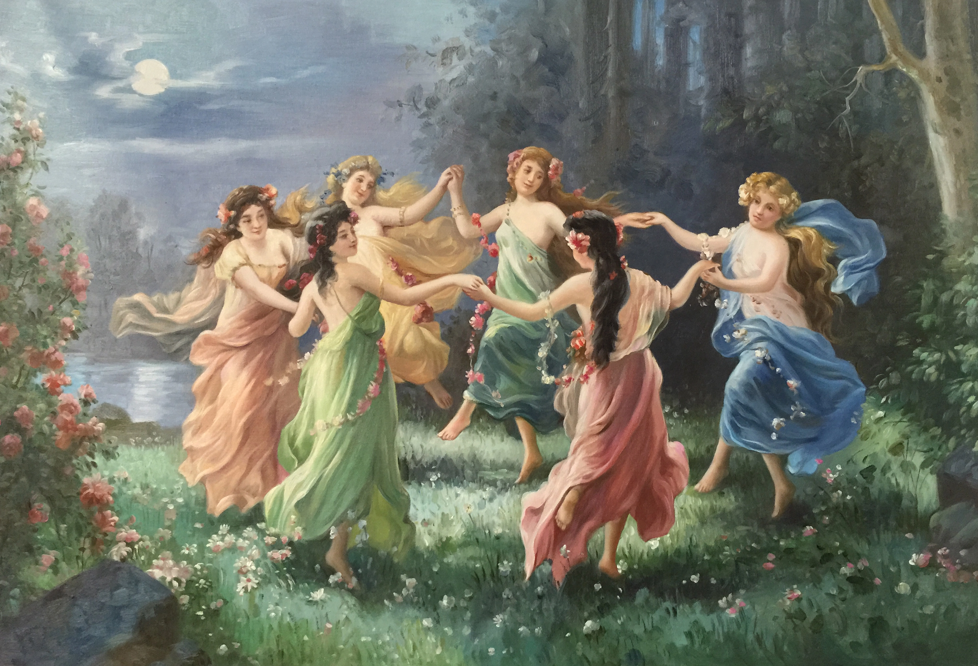 Handgeschilderde Fairy Dance-schilderijen van Hans Zatzka - Godin Semi Naakt Nimfen Muse Girls - Oliekunst op canvas als wanddecoratie & Cadeau 1