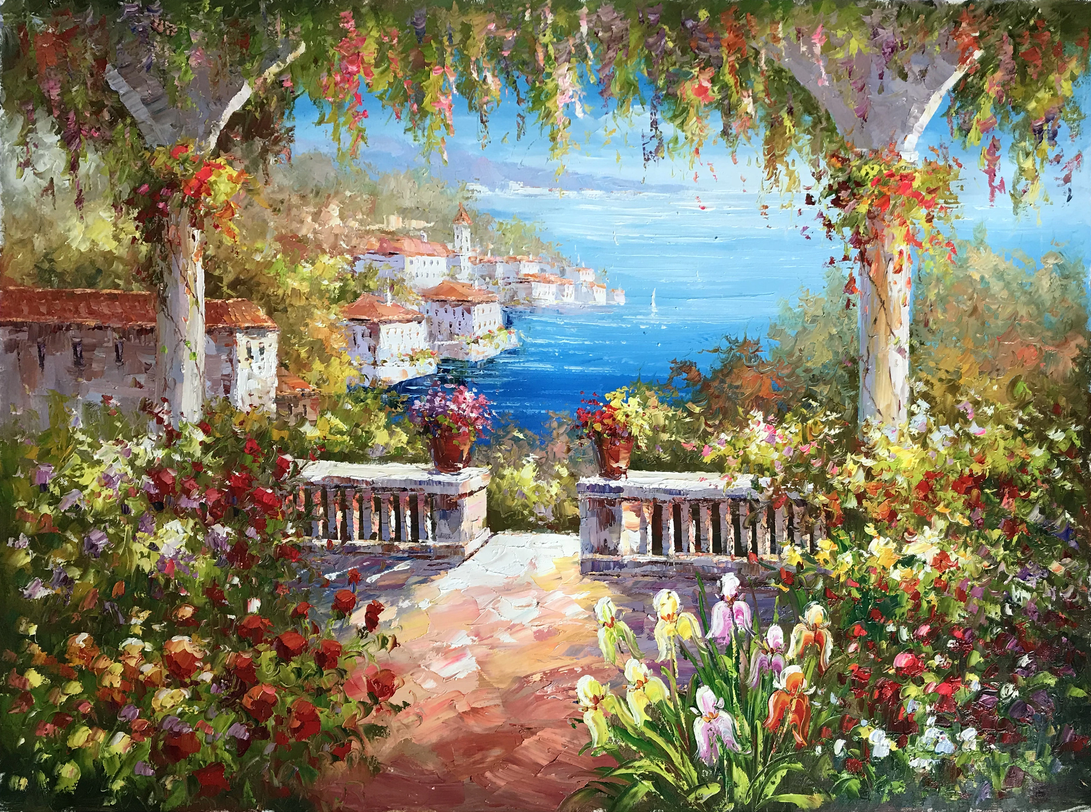 Couteau de jardin méditerranéen peint à la main, peinture à l'huile, beaux-arts sur toile, décoration murale 1