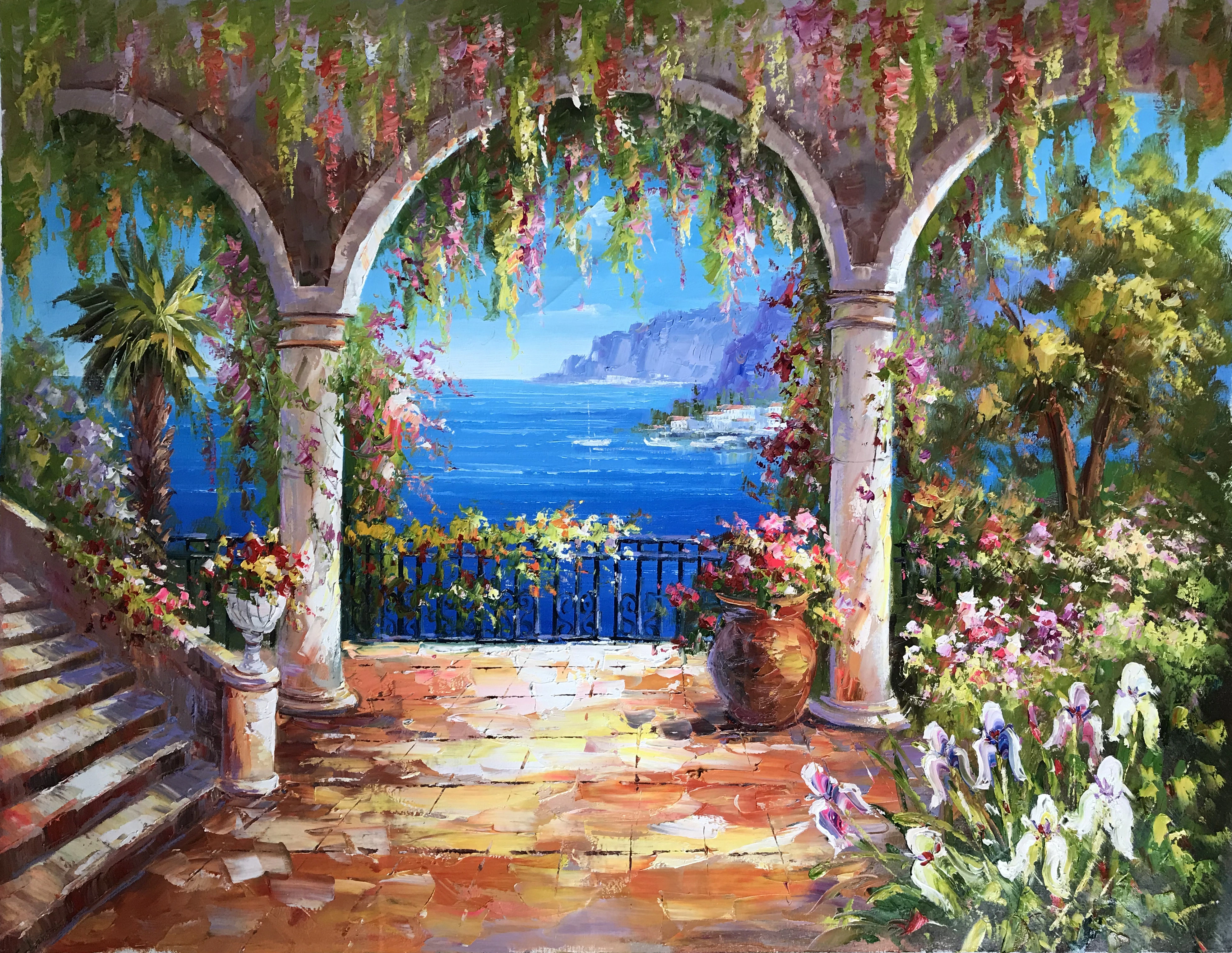 Peinture à l'huile faite à la main de haute qualité, design moderne, peinture d'art mural de paysage méditerranéen à vendre 1