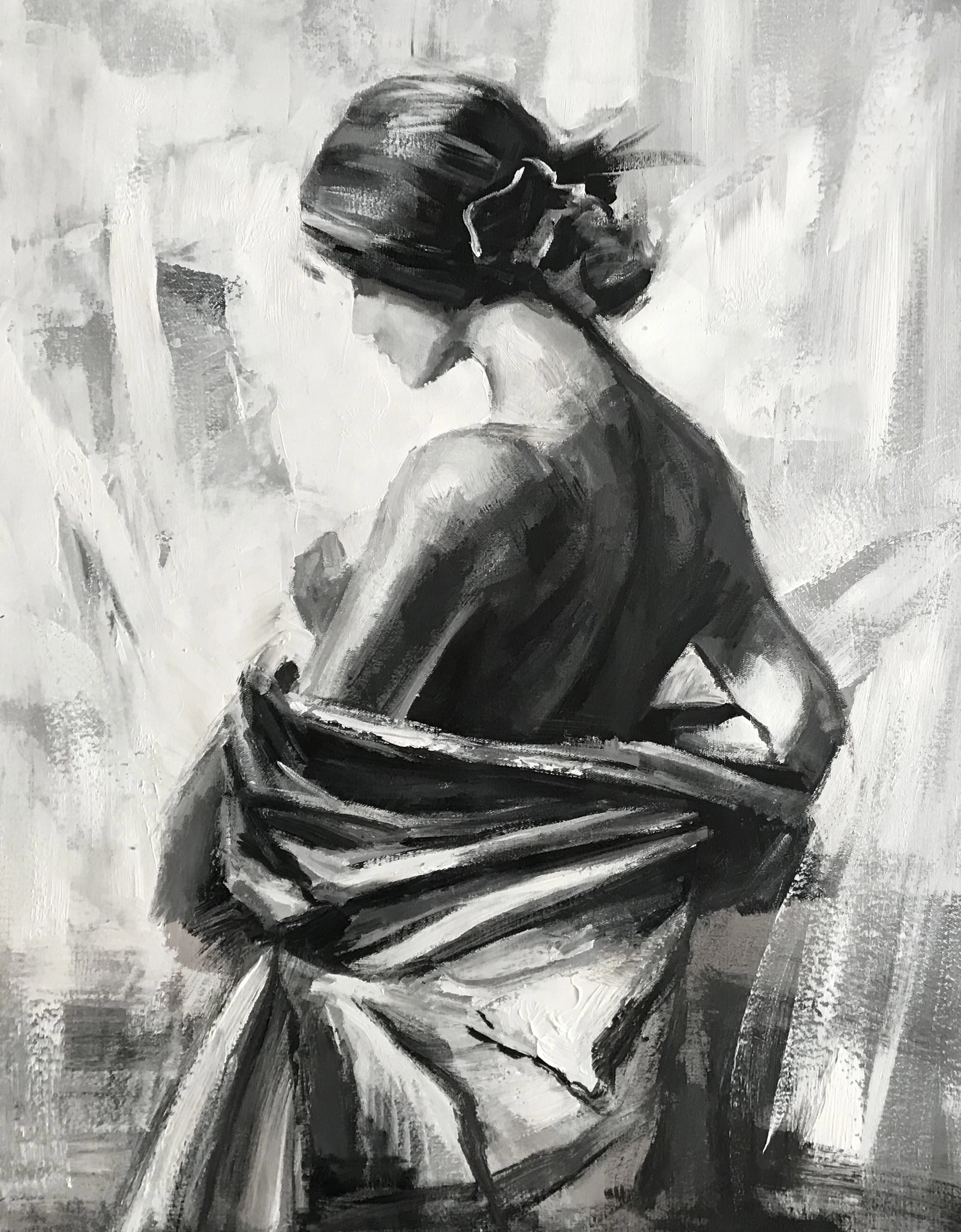 Peinture de femme en noir et blanc peinte à la main sur toile pour la décoration intérieure 1