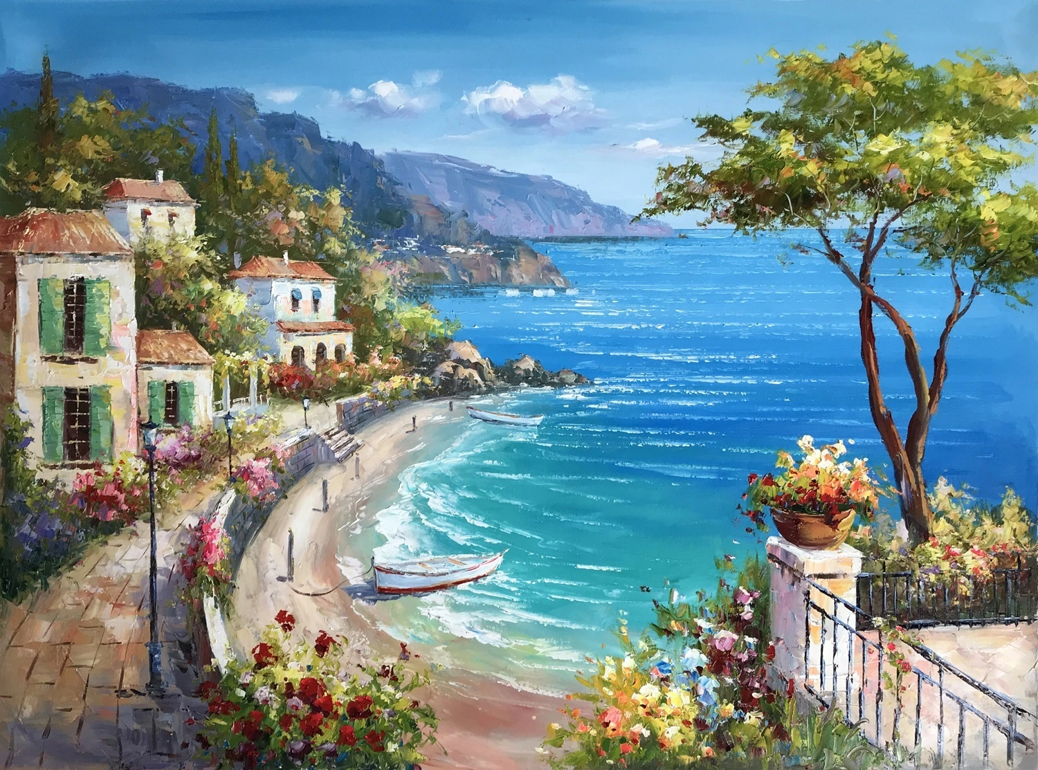 Hoge kwaliteit mediterrane tuin groen getextureerd landschap kunst aan de muur groot olieverfschilderij op canvas 1