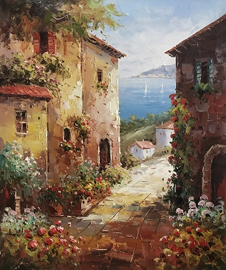 Hochwertiges großes Ölgemälde mit mediterraner Messerstruktur und Meereslandschaft auf Leinwand 1
