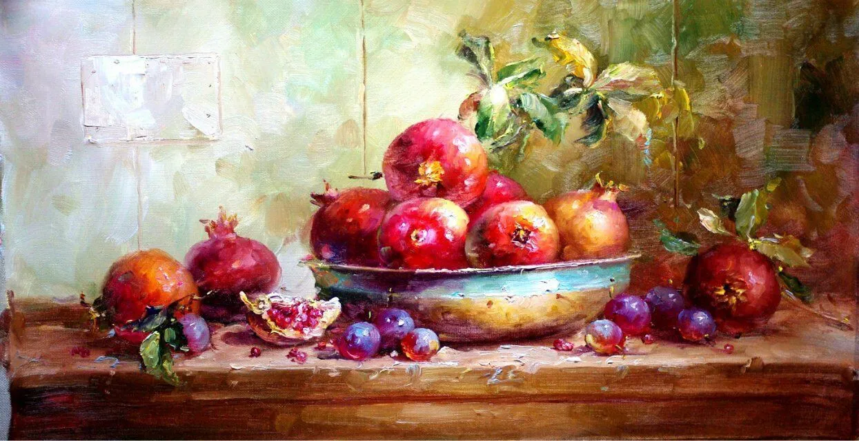 Pintura de granadas, arte de granadas, pintura al óleo de bodegones de frutas, pintura de frutas sobre lienzo, pintura de bodegones, pintura fotorrealista 1