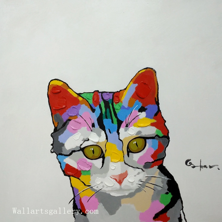 Pintura de gato em tela, pintura estilo pop art, colorida, decoração de sala de estar, presentes para crianças, pintura texturizada pesada pintada à mão 1