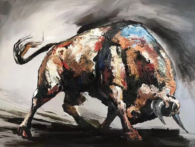 Pintura a óleo abstrata de touro de alta qualidade em tela, arte de parede em tela de touro original grande, pintura moderna de animais pintada à mão para sala de estar, pintura a óleo de touro impressionista grande feita à mão em tela 1