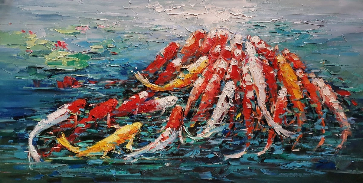 Handgemaltes, hochwertiges Koi-Fisch-Gemälde, ORIGINALKUNST auf Leinwand, strukturiertes Öl-Kunstwerk, Tier-Wandkunst, pastoses Gemälde, einzigartige Geschenke 1