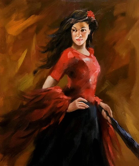 Handgemaltes Flamenco-Tänzerin-Gemälde, Ölgemälde auf Leinwand, Wandkunst, Gemälde auf Leinwand, moderne Kunst, Frau, die Flamenco tanzt, für Heimdekoration 1