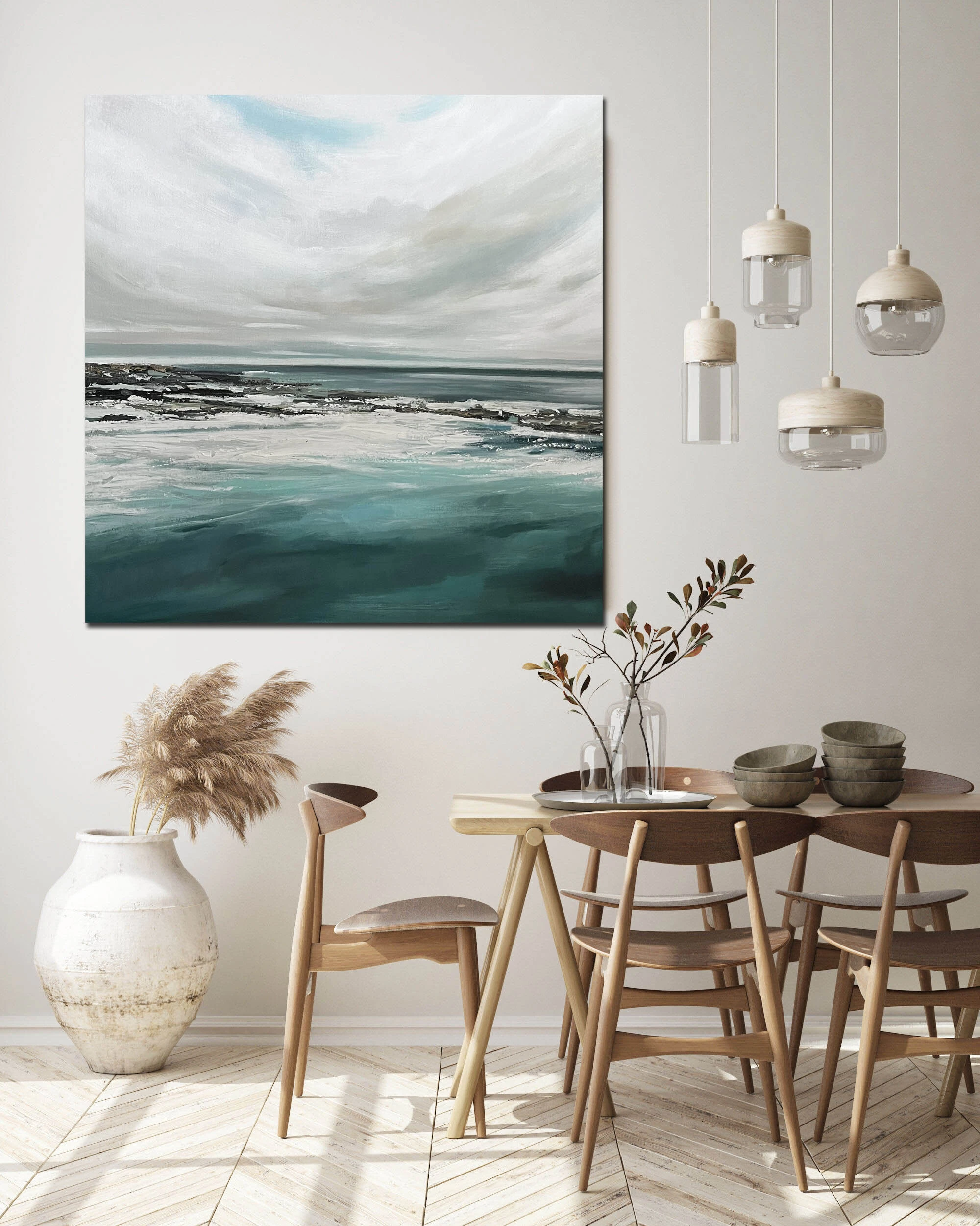 Artă de perete din pânză cu peisaj marin pătrat, albastru, verde, foarte mare, pictură abstractă liniștitoare pentru cameră personalizată, lucrare de artă modernă abstractă pictată manual pe pânză 1