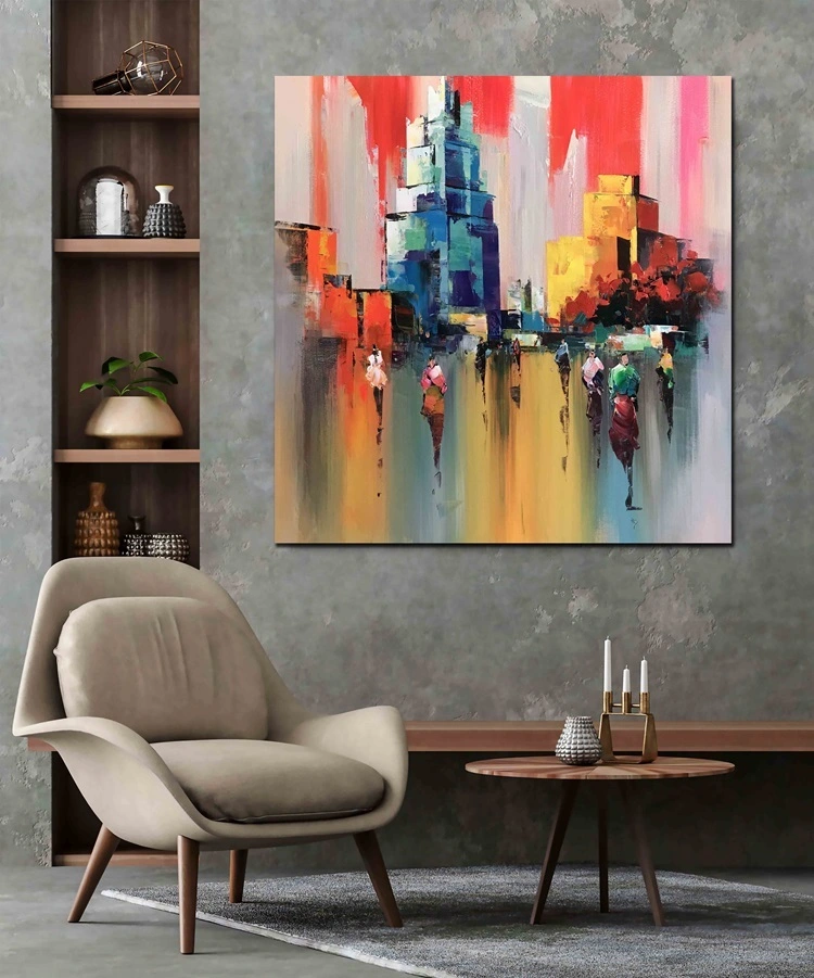 Große abstrakte Stadtlandschaftsölmalerei auf Leinwand, farbenfrohe strukturierte moderne städtische Wandkunst handbemalte Gemälde Wohnzimmer Wohnzimmerdekoration 1