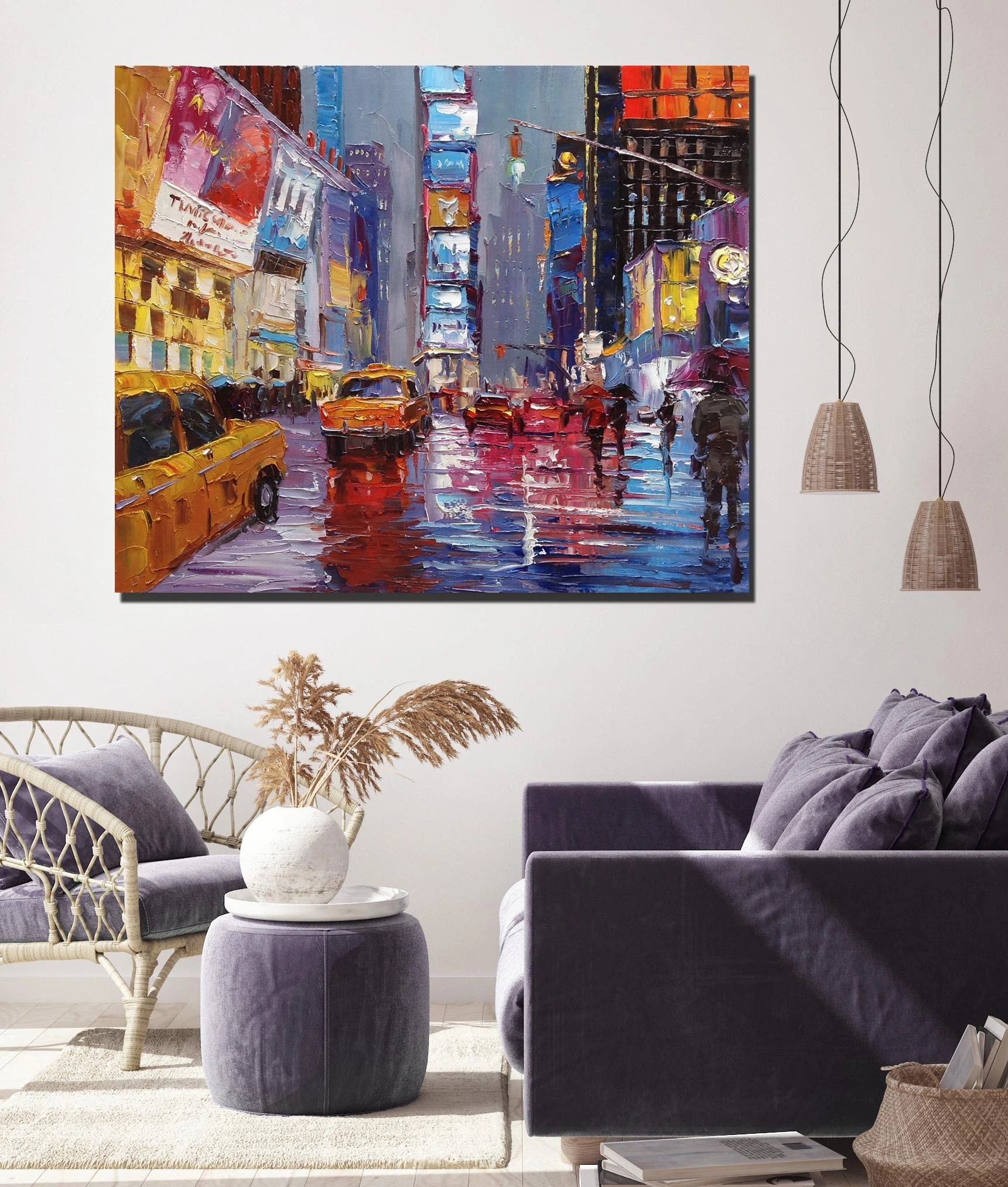 Pintura al óleo grande pintada a mano de paisaje urbano, vibrante decoración artística urbana de Nueva York, arte de lienzo único hecho a mano, decoración de pared de sala de estar abstracta de paisaje urbano moderno, arte de pared para el hogar, pintura sobre lienzo 1