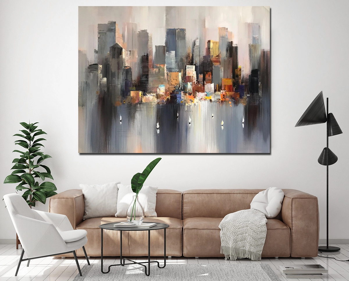 Pintura al óleo original pintada a mano, decoración de pared de paisaje urbano, paisaje urbano abstracto moderno, pintura al óleo abstracta del horizonte de la ciudad contemporánea 1