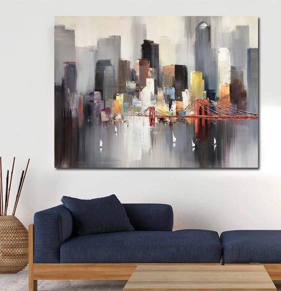Cuadro abstracto de la ciudad de Nueva York pintado a mano, cuadro de paisaje urbano, decoración de pared moderna de Nueva York de gran tamaño, cuadro al óleo abstracto del horizonte de la ciudad 1