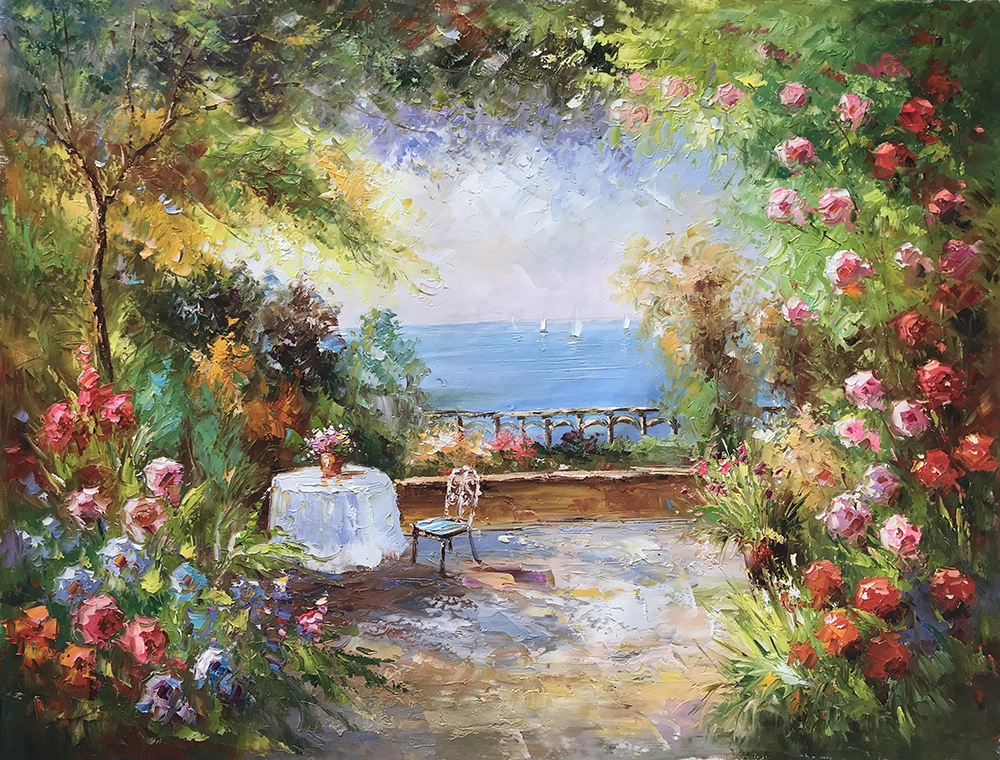 Hand Painted Impressionist Mediterranean-sea Oil Painting on Canvas, Large Original Coastal Garden Painting, Modern Seascape Wall Art for Living Room 1