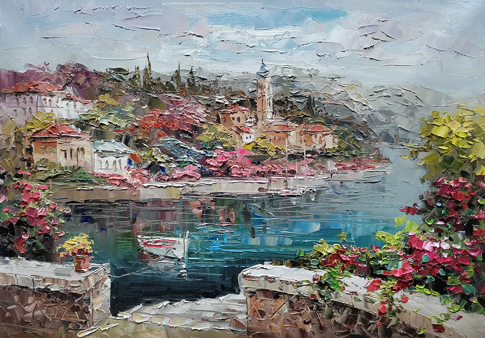Mediterranean Seaside Oil Painting on Canvas Landscape Wall Art, Vibrant Ocean View Handpainted Wall Art, Italian Riviera Decor, Large Artwork 1