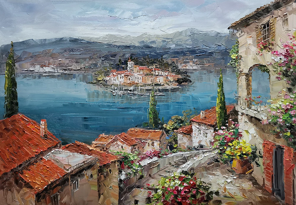 Purely Handmade Original Mediterranean-sea Oil Painting on canvas, Impressionist Coastal Cityscape Canvas Wall Art, Modern Seascape Painting for Living Room 1