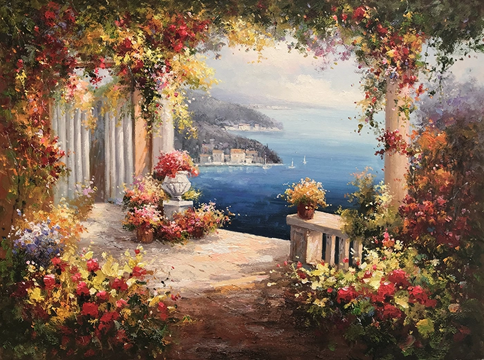Purely Handmade Art Impressionism Mediterranean-sea Oil Painting on canvas, Impressionist Landscape Canvas Wall Art, Modern Seascape Painting for Living Room 1