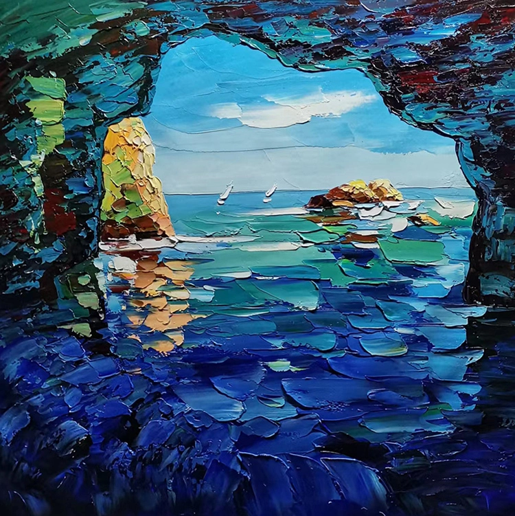 Handmade Blue Grotto Painting, Capri Island Painting, Original Art, Seascape Painting, Impressionist Art, Ocean Blue Art, Square Art, Room Wall Art 1