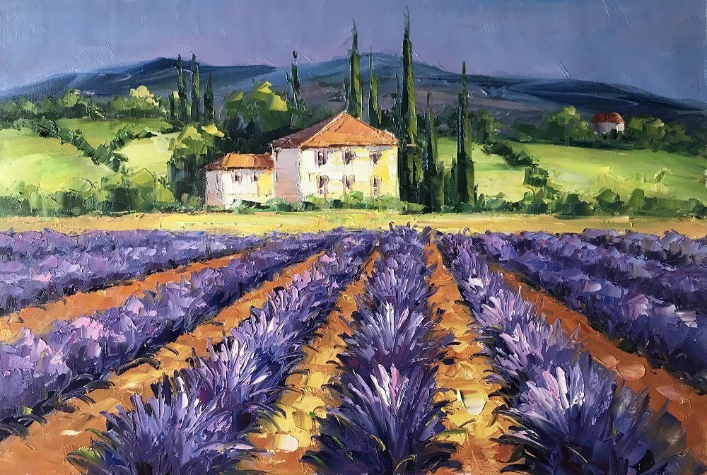 100 % handgemachtes Lavendelfeld mit alter rustikaler Hauslandschaft mit Lavendelblumen Landschaftslandschaft mit Blumen Original Ölgemälde Kunst Wanddekoration 1