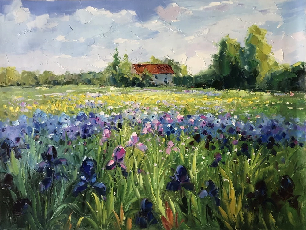 100% Handmade iris field with old rustic house landscape with iris flowers countryside landscape with flowers original oil painting art wall decor 1