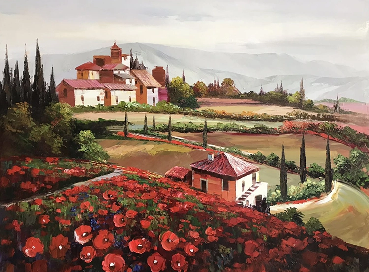 Original Handpainted Oil Painting on Canvas for wall Art, Impressionist Natural landscape painting of red flowers field for Interior of home. 1