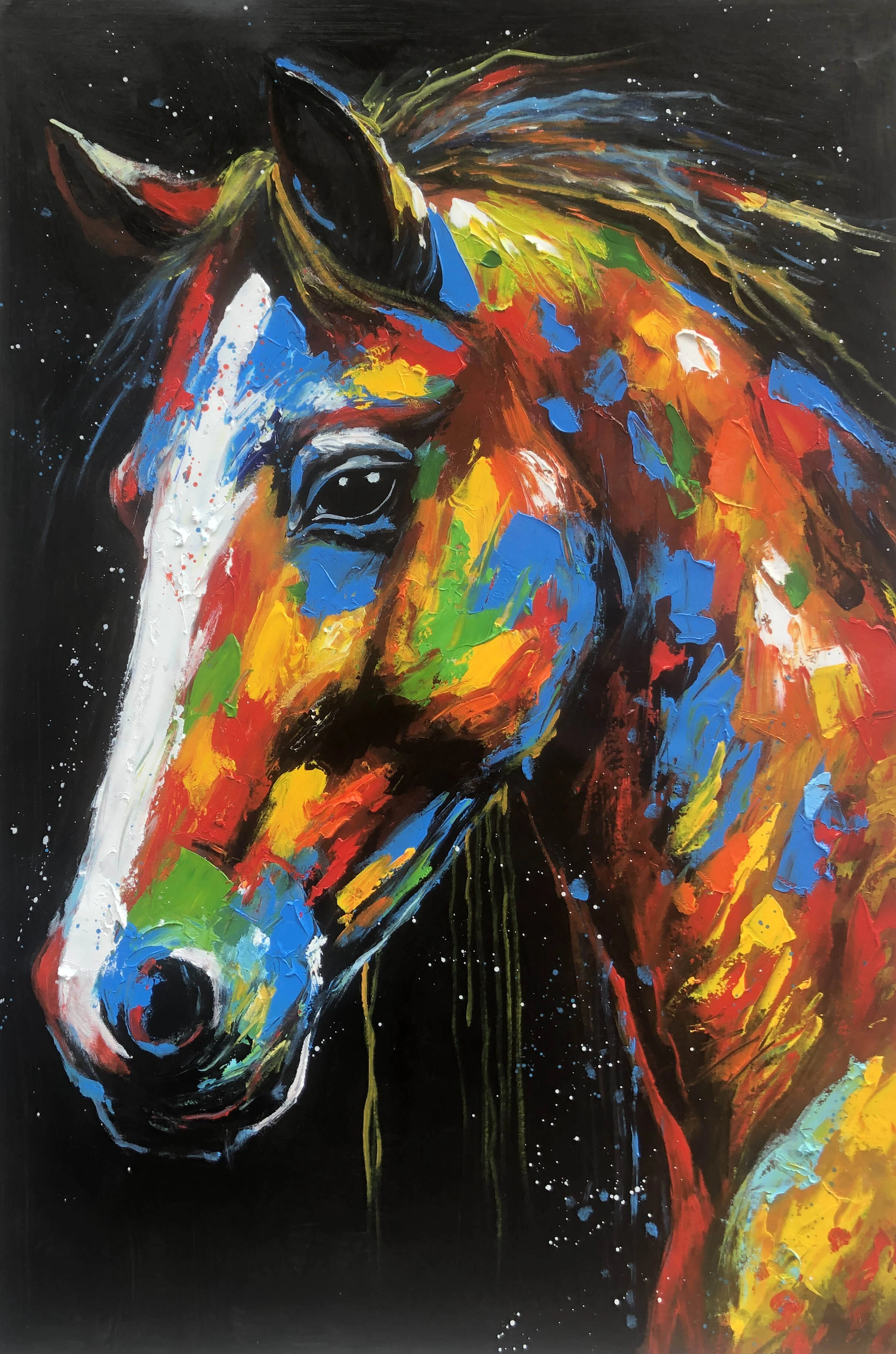 Hoge kwaliteit kleurrijke paardenmuurkunst canvas, paardensport schilderen, paardenkunst handgeschilderd canvas, groot boerderijwanddecor, wilde dierenkunst, paardenliefhebber cadeau 1