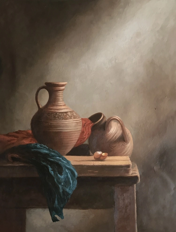 Handpainted High Quality Pottery Original Painting. Oil on Canvas Artwork Realism Still Life Wall Art Painting 1