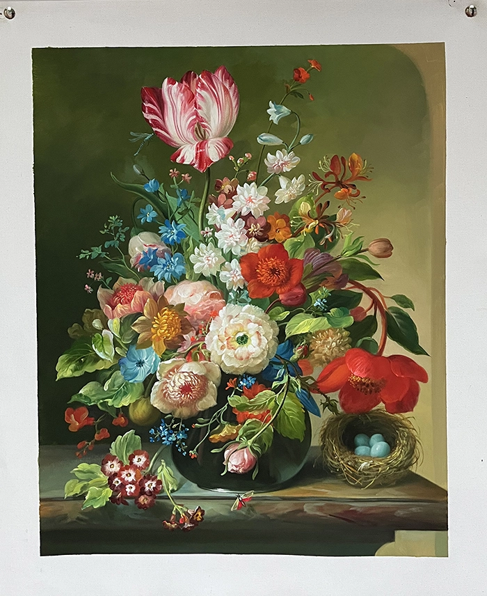 Baroque Ornate Framed Original Oil Painting Still Life Flowers, Realism, Pink and White Flowers, High-quality oil painting of classical still life flowers 1