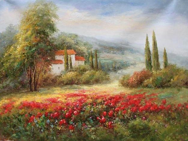 Peinture à l&#39;huile sur toile de style campagnard, magnifique paysage coloré, art moderne 1