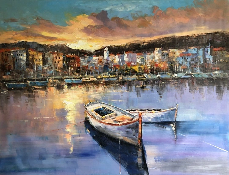 Peinture murale de haute qualité peinte à la main représentant un bateau de lac vibrant sur toile pour la décoration intérieure 1
