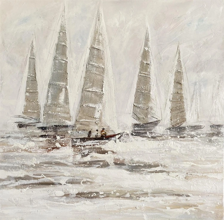 Pintura de parede de alta qualidade pintada à mão, pintura náutica em cinza e branco, barco, arte de veleiros oceânicos, decoração de parede neutra costeira 1