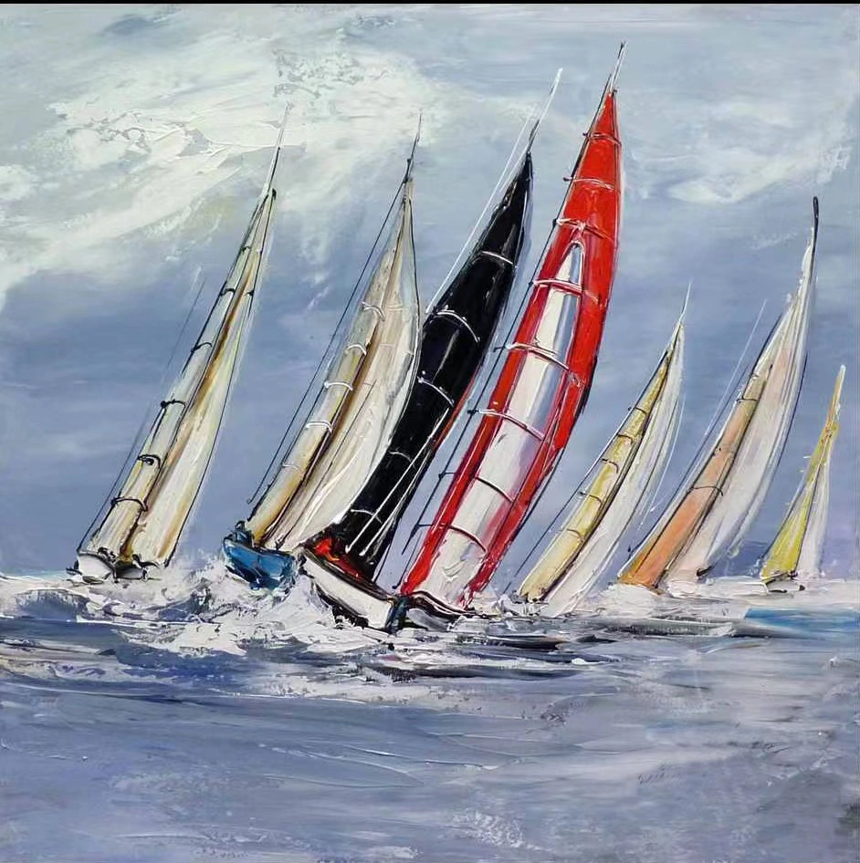 Абстрактная картина маслом с красочными парусниками, выполненная вручную, оригинальный морской пейзаж с парусниками в гавани, современный фактурный декор для стен гостиной в морском стиле 1