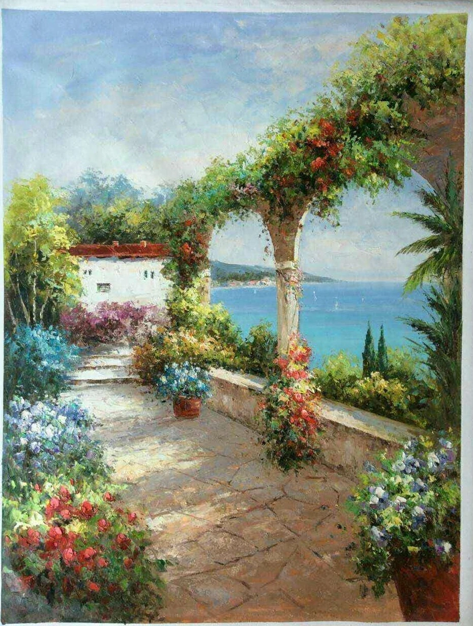 Pintura a óleo de parede pintada à mão representando uma cena costeira do Mediterrâneo com um arco de jardim, pintura em tela para venda 1