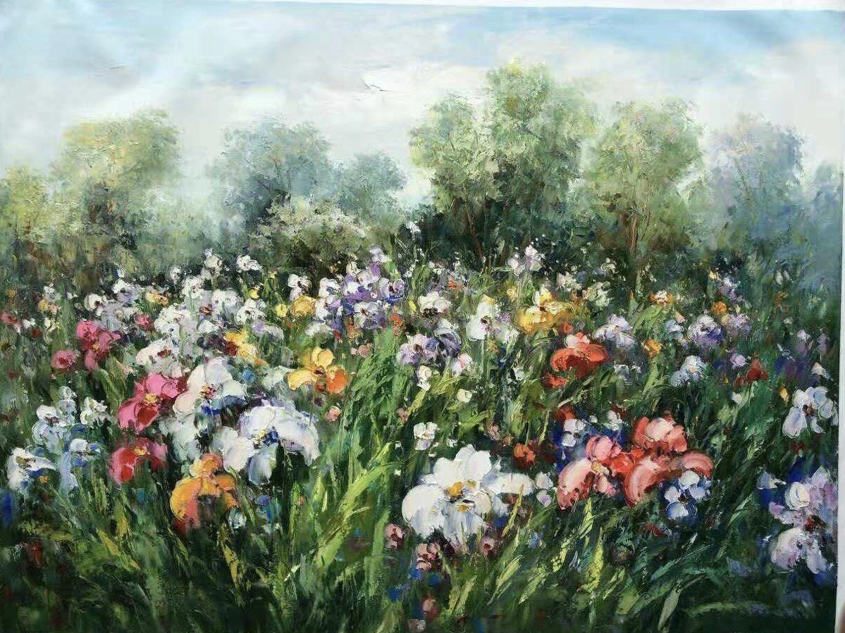 Paleta de cores vibrantes impressionistas, pinturas de paisagens coloridas com flores silvestres 1